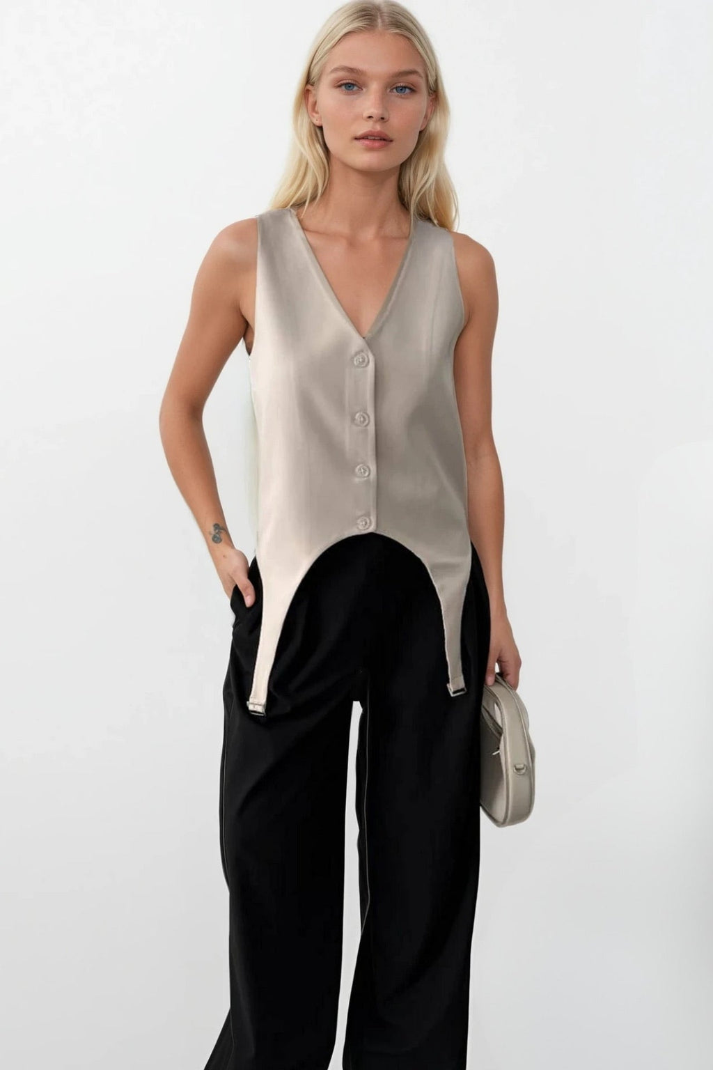 Waistt Detail V Neck Stone Vest