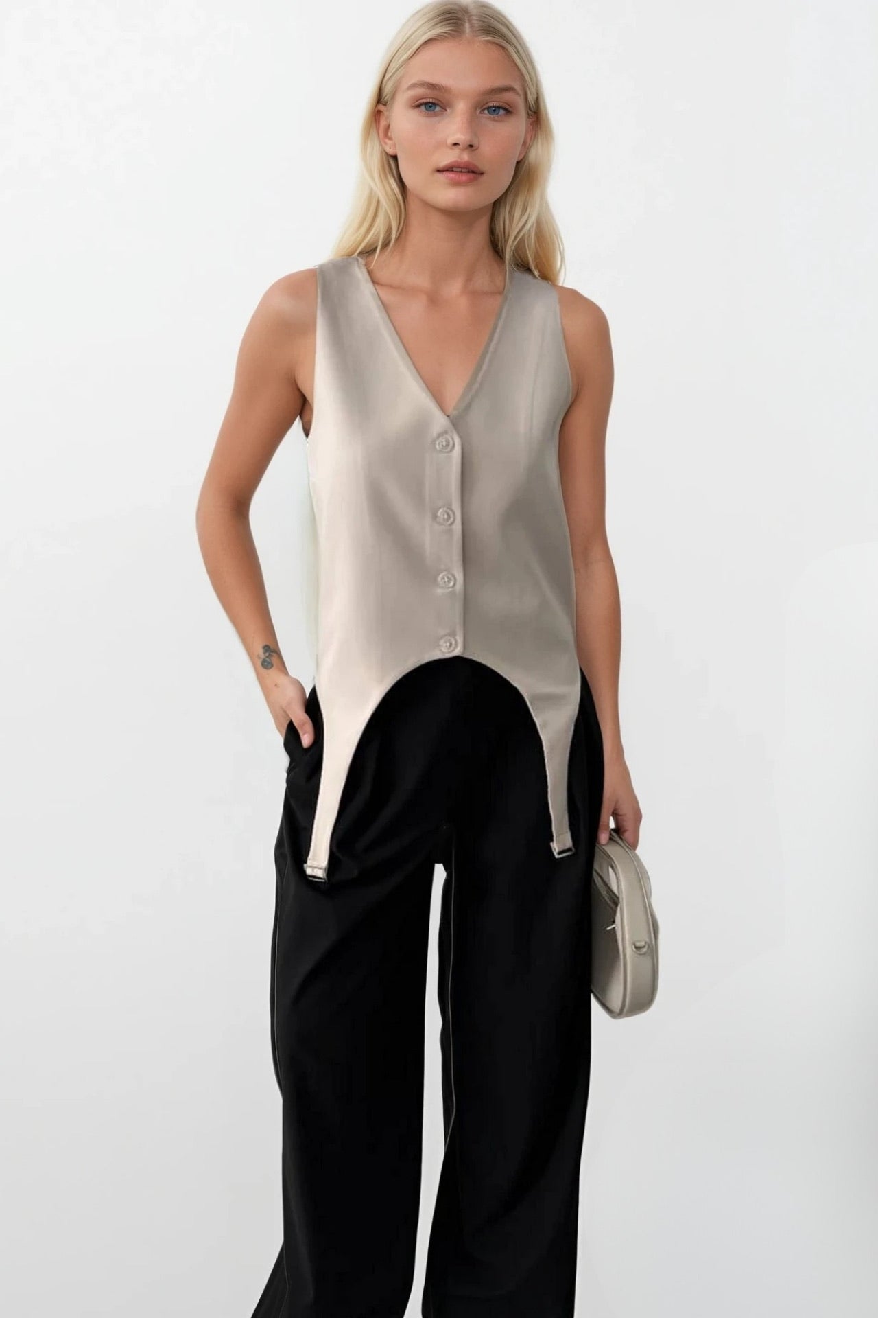 Waistt Detail V Neck Stone Vest