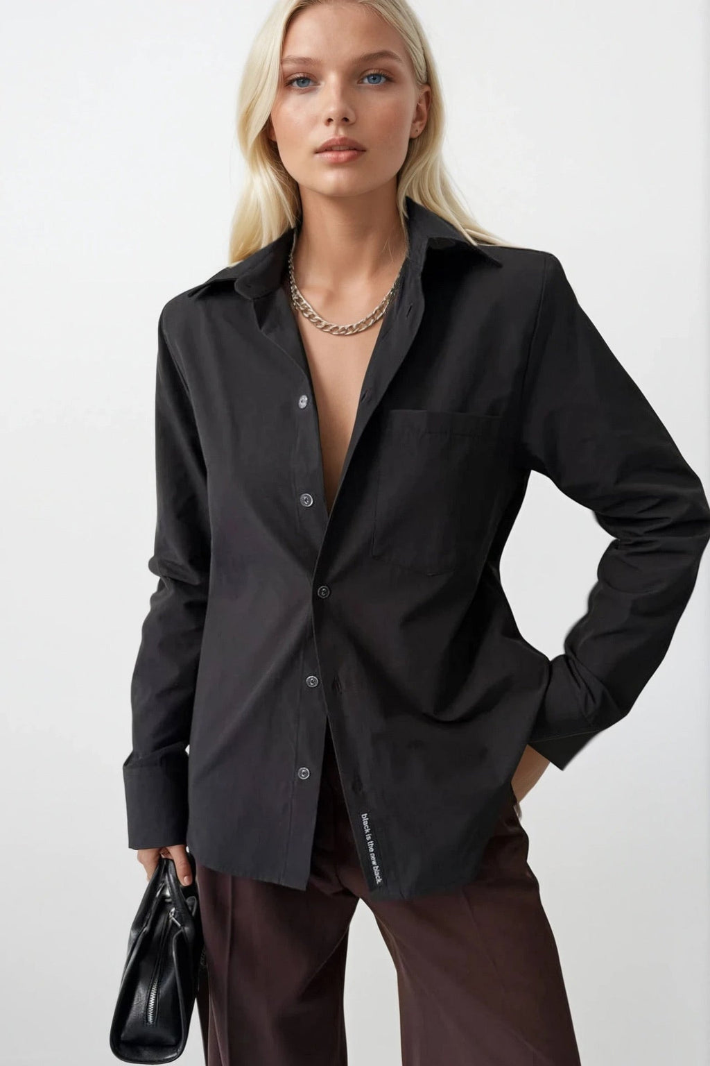 Padded Shoulder Oversize Black Shirt