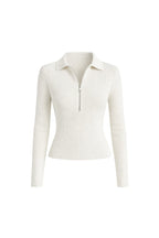 Polo Collar Zipper Detail Ecru Knit Blouse