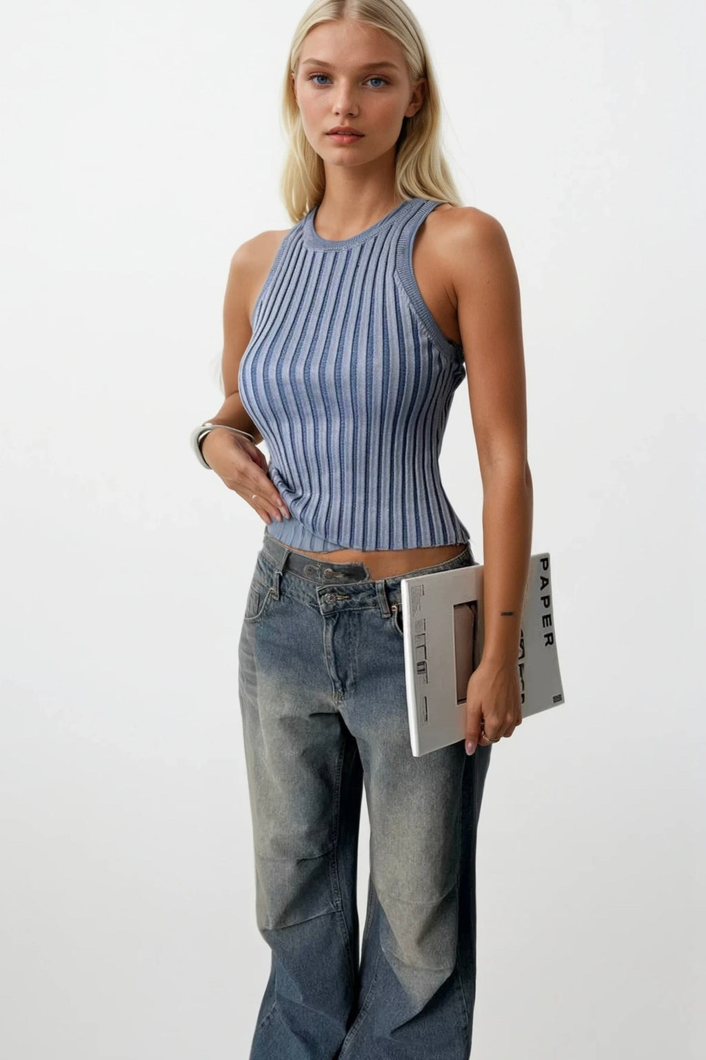Ribbed Racer Neck Blue Blouse
