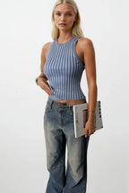 Ribbed Racer Neck Blue Blouse