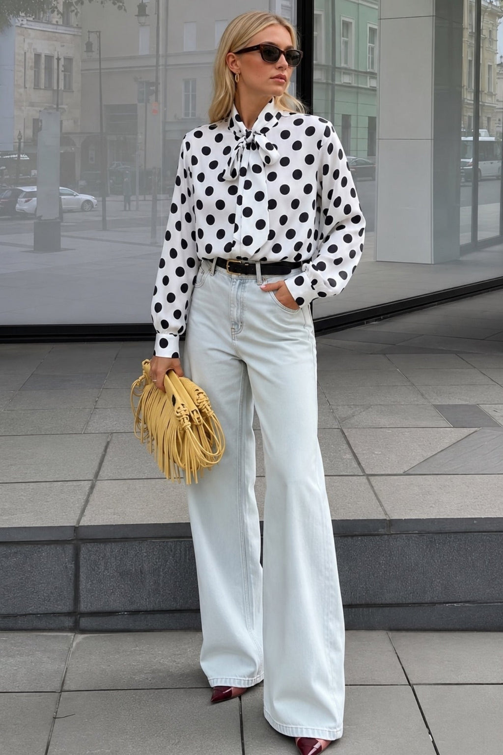Polka Dot Pattern Scarf Detail White Shirt