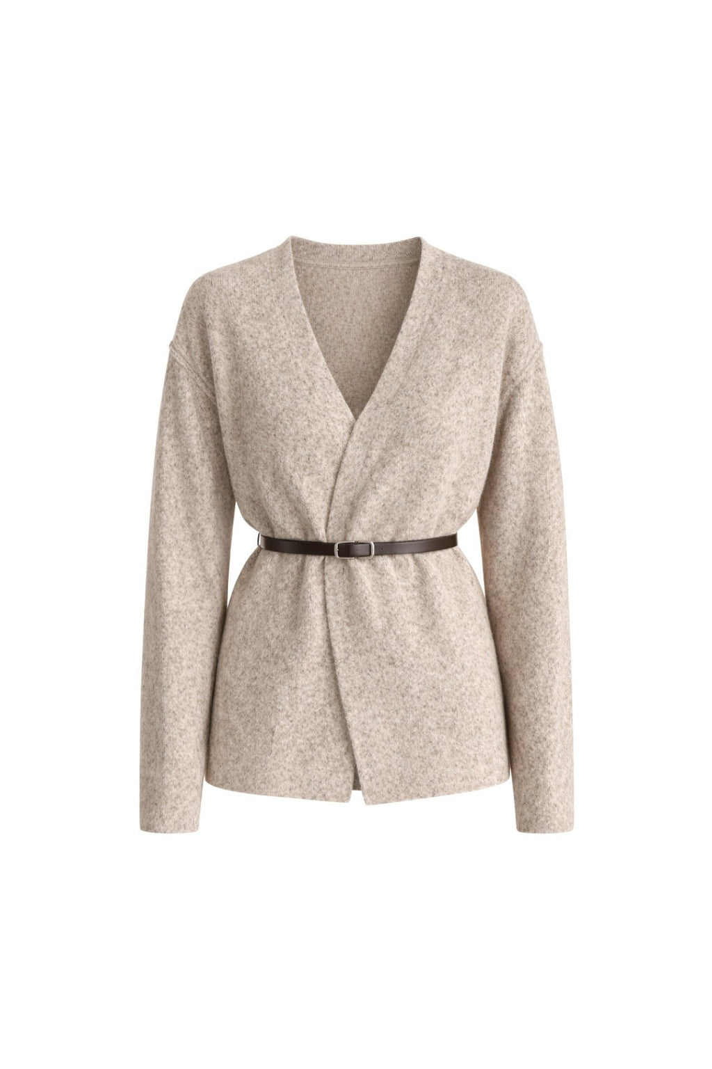 Belt Detail Wrap Collar Beige Knit Cardigan