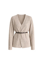 Belt Detail Wrap Collar Beige Knit Cardigan