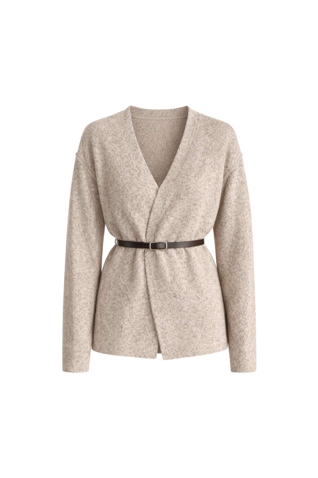 Belt Detail Wrap Collar Beige Knit Cardigan