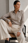 Fermuar Detail Fitted Waist Polo Collar Beige Blouse