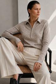 Fermuar Detail Fitted Waist Polo Collar Beige Blouse