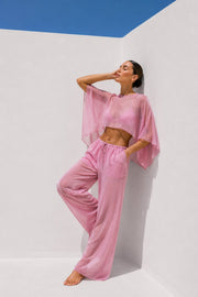 Wide Collar Crop Transparent Blouse High Waist Pants Pink Two-Piece Set