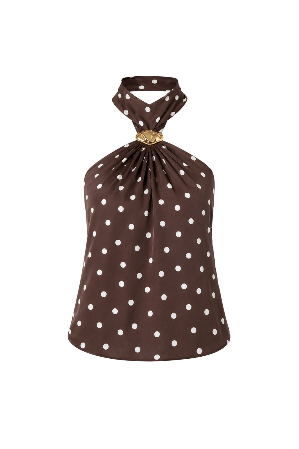 Neck Tie Accessory Detail Brown Polka Dot Blouse