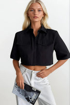 Pocket Detail Half Sleeve Crop Linen Black Shirt