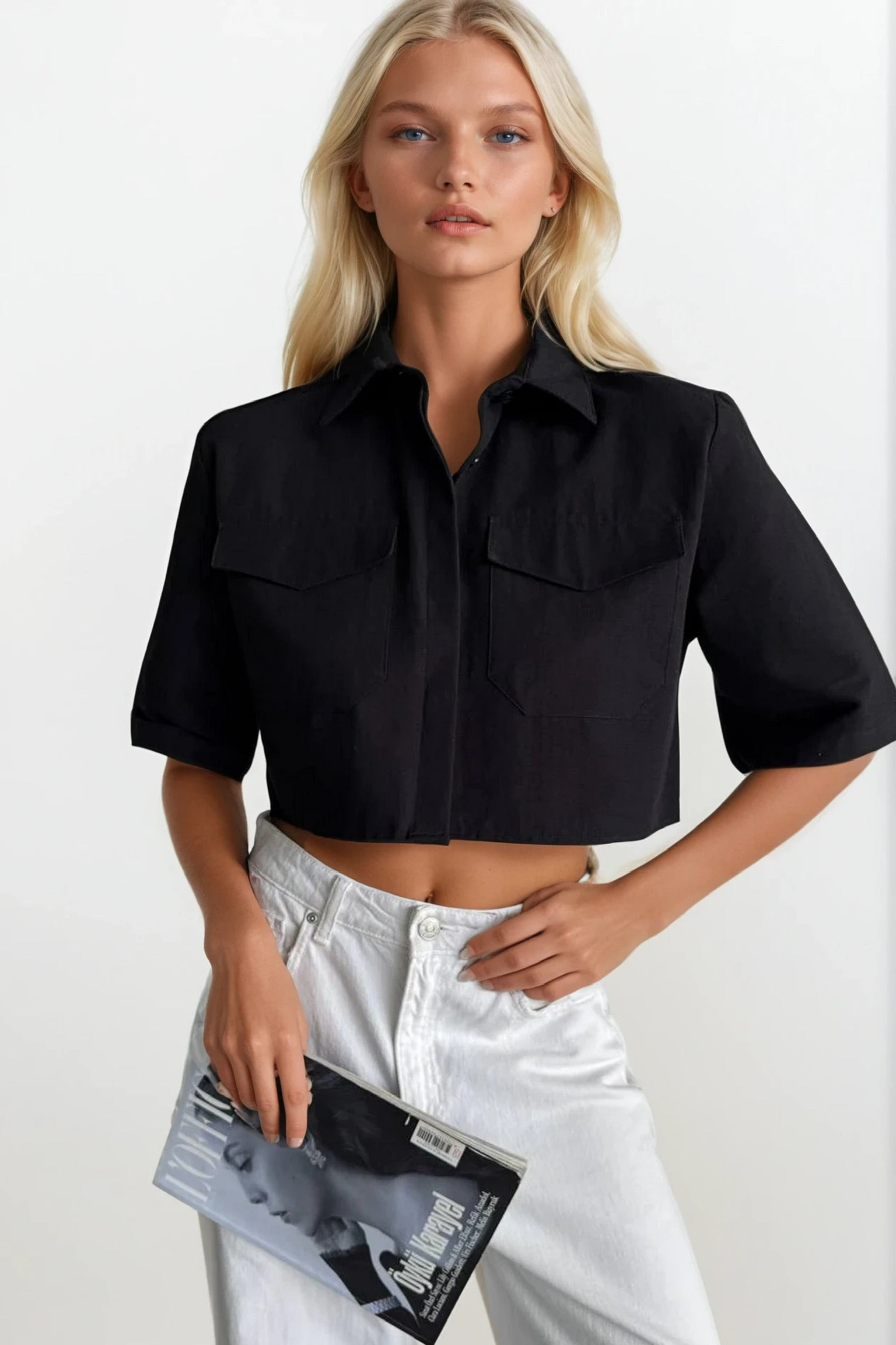Pocket Detail Half Sleeve Crop Linen Black Shirt