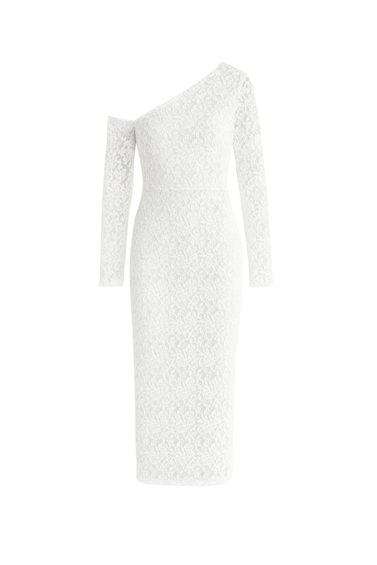 One-Shoulder Sleeve Accessory Detail Maxi White Guipure Dress