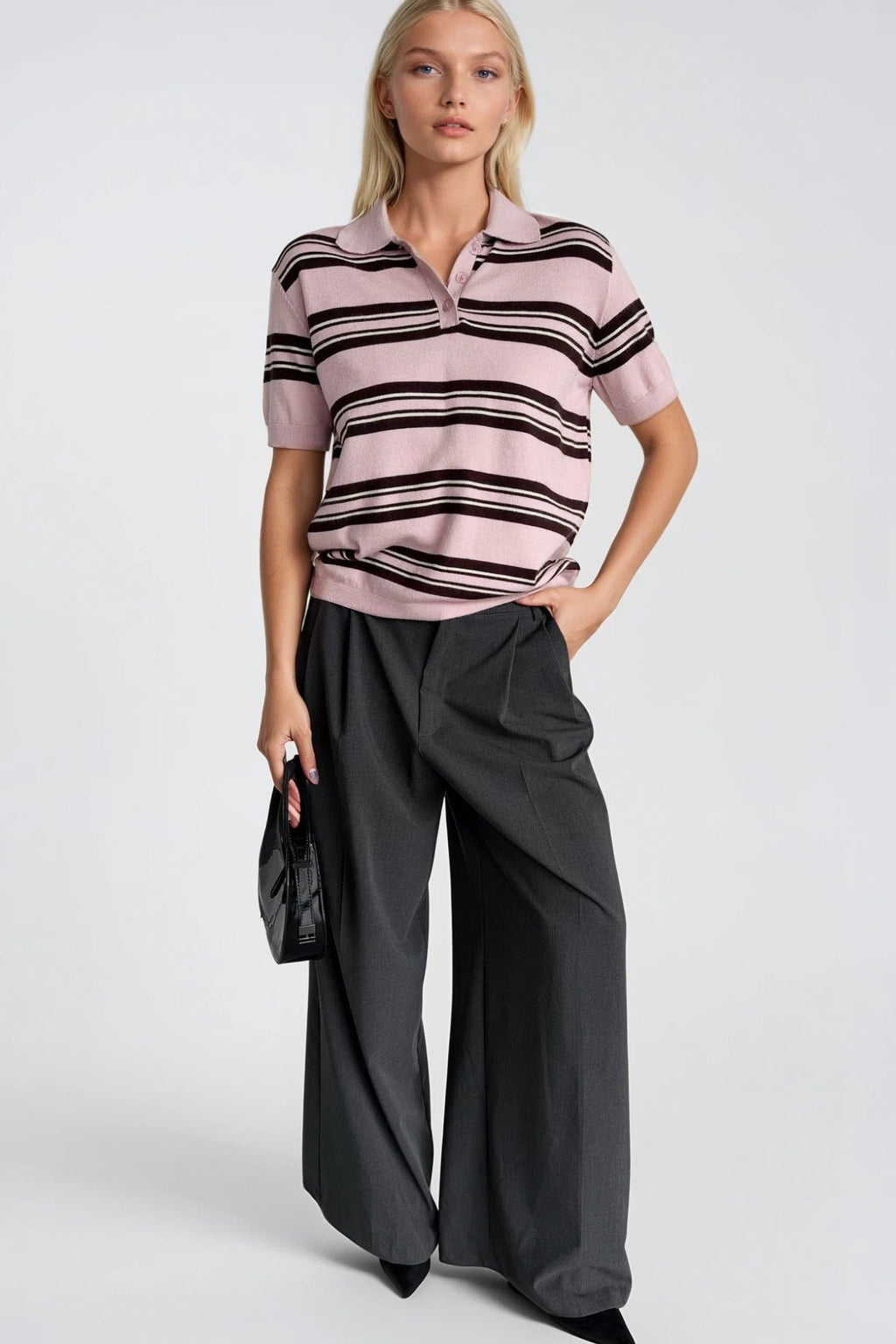 Striped Polo Collar Pink Knit Blouse