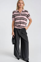 Striped Polo Collar Pink Knit Blouse