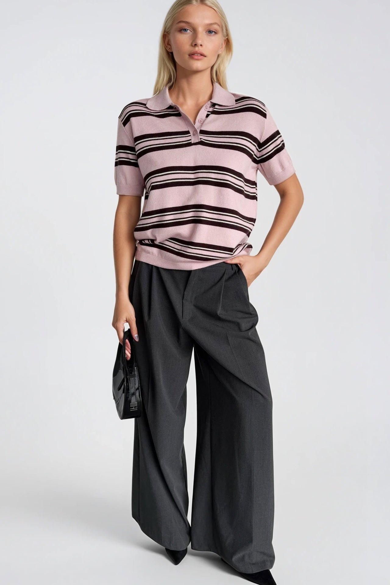 Striped Polo Collar Pink Knit Blouse