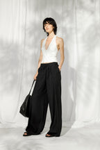 Pleat Detail Lace-Up Black Linen Trousers