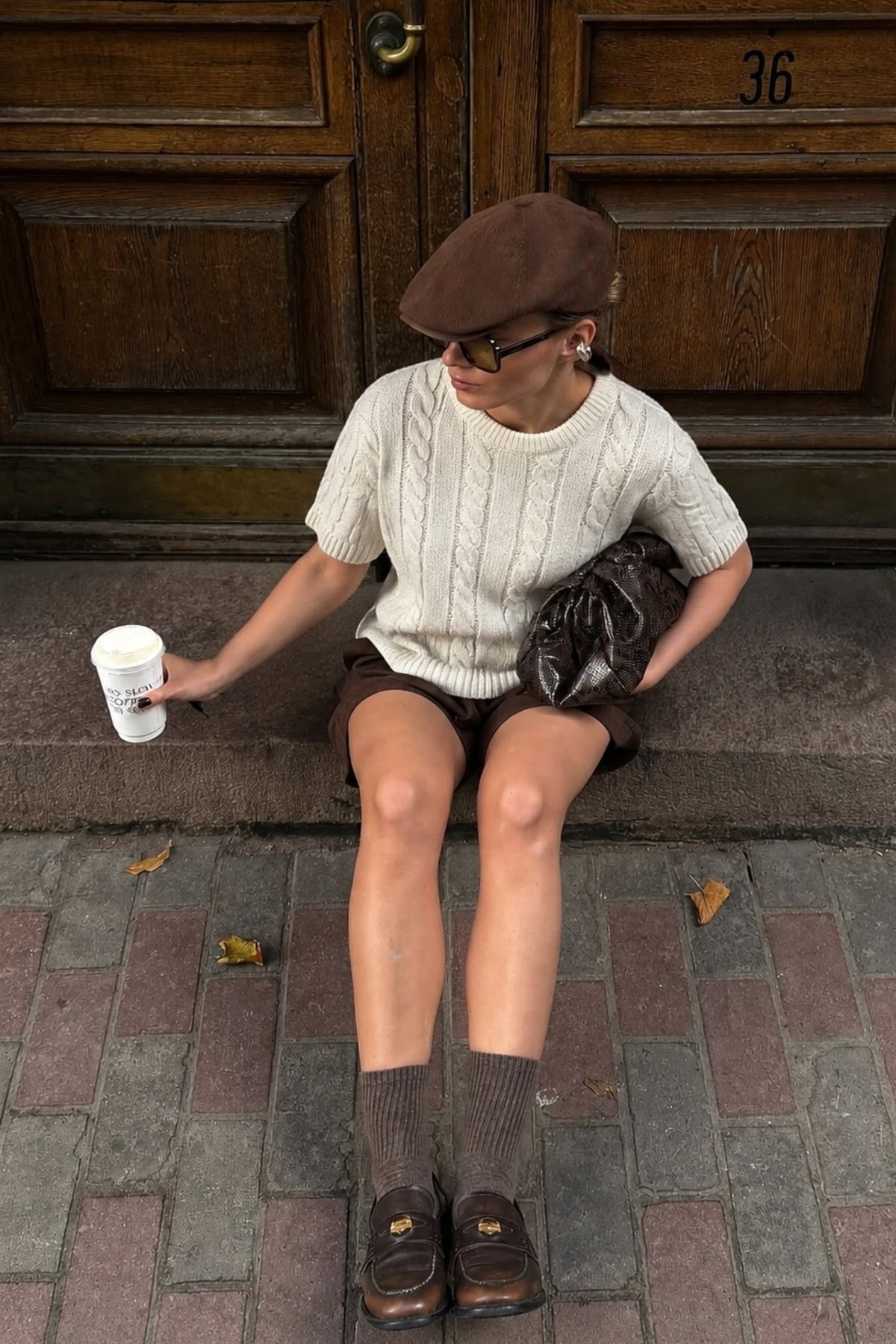 Cable-Knit Short-Sleeve Ecru Knit Blouse