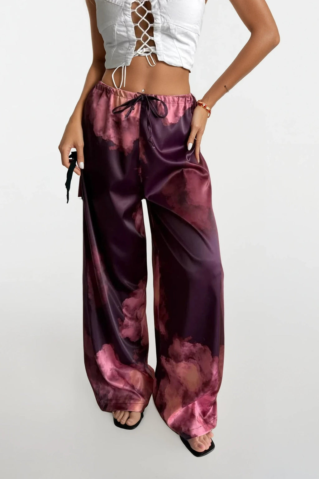 Elastic Waist Patterned Satin Burgundy Pants