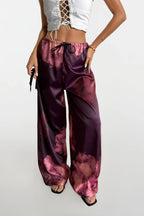 Elastic Waist Patterned Satin Burgundy Pants