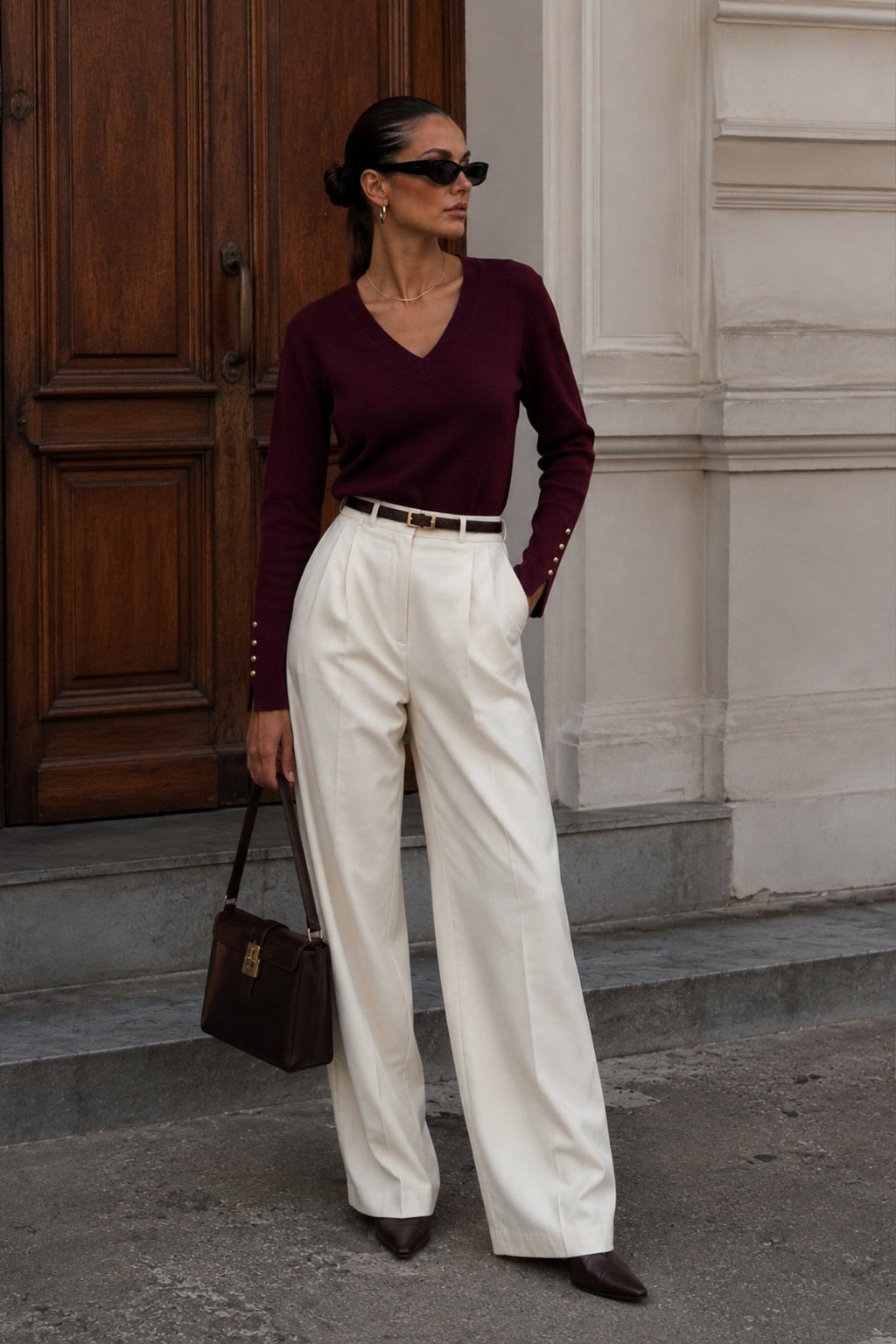 V-Neck Button Detail Burgundy Knit Blouse