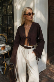 Tie Detail Long Sleeve Brown Blouse