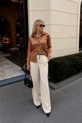 Tie Detail Satin Dark Beige Shirt