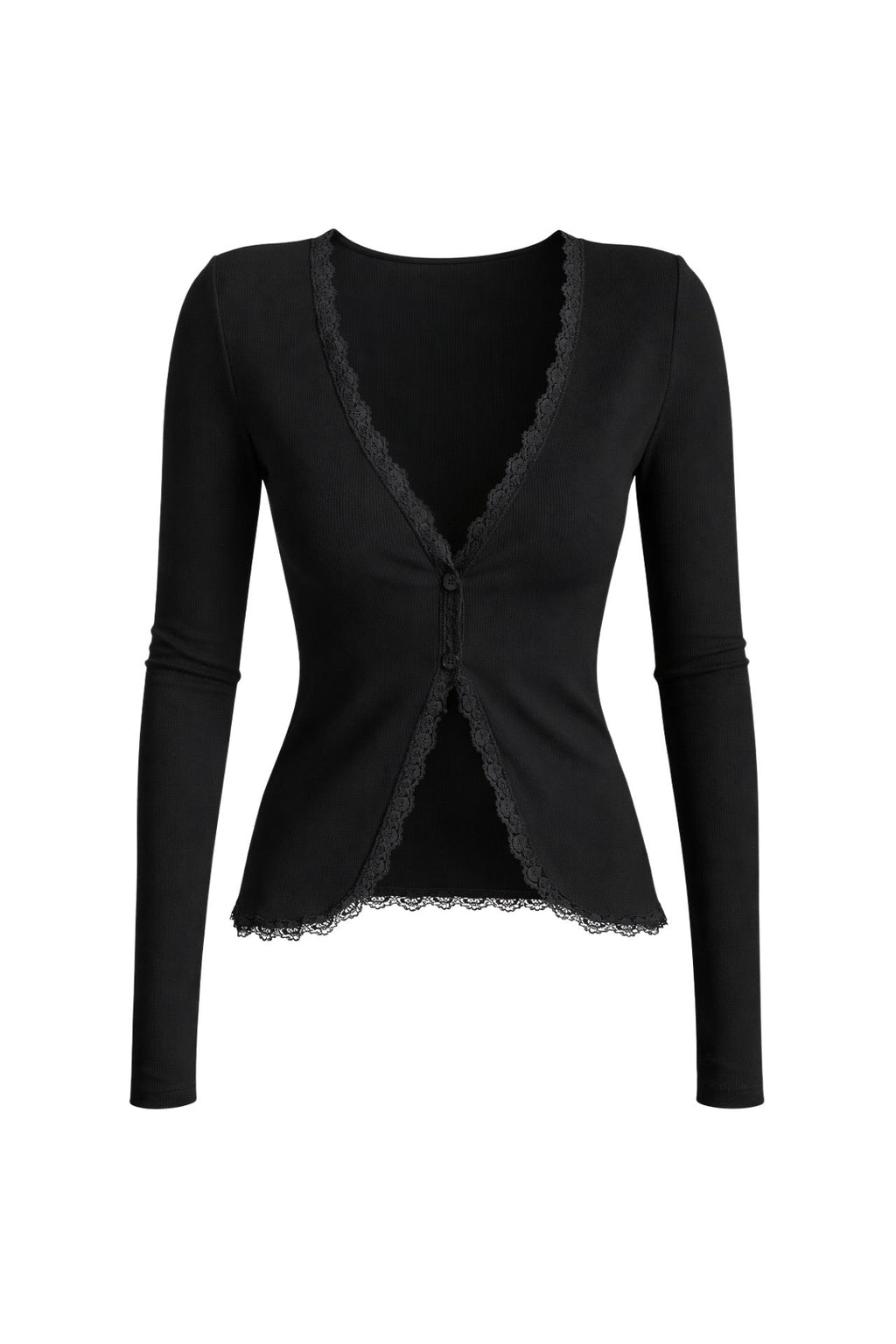 Lace Detail Buttoned Black Ribbed Blouse