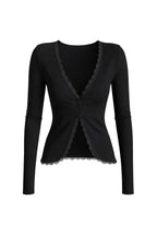 Lace Detail Buttoned Black Ribbed Blouse