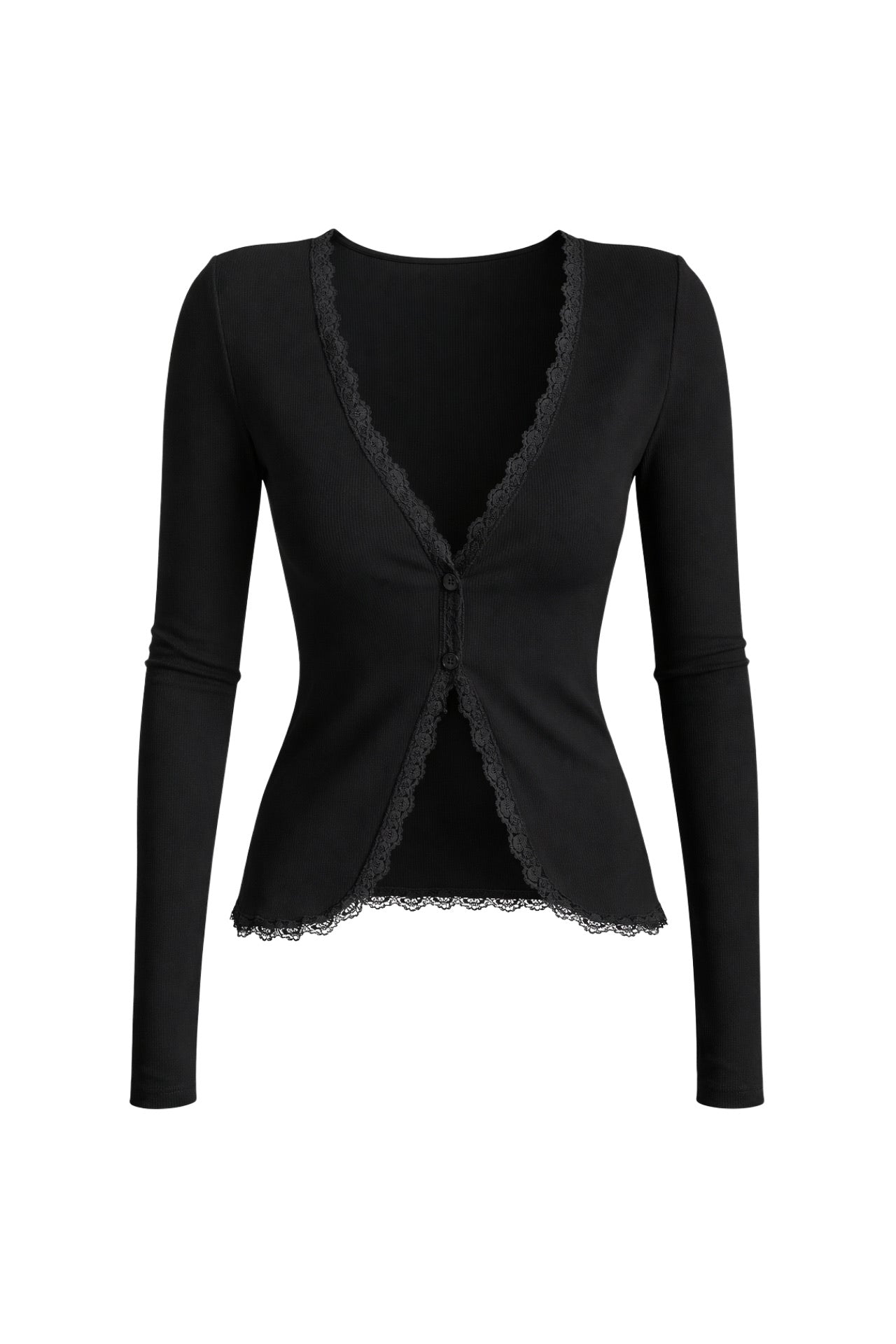 Lace Detail Buttoned Black Ribbed Blouse