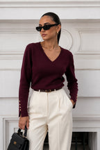 V-Neck Button Detail Burgundy Knit Blouse
