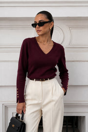 V-Neck Button Detail Burgundy Knit Blouse