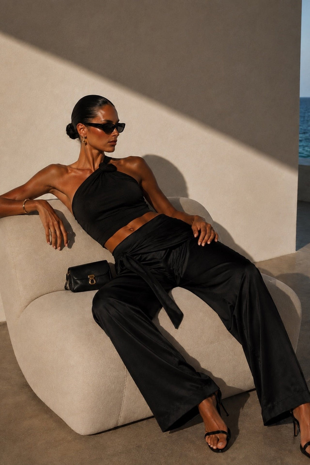 Black Satin Trousers with Front Tie