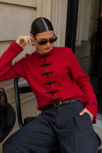 Accessory Detail Crew Neck Red Knit Cardigan