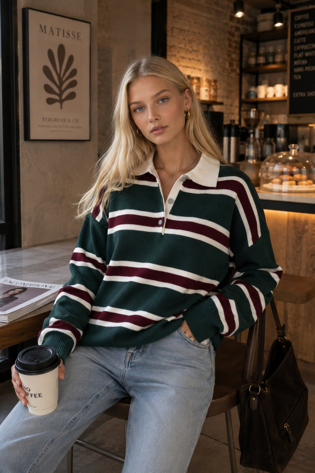 Striped Buttoned Polo Neck Green Knitwear Blouse