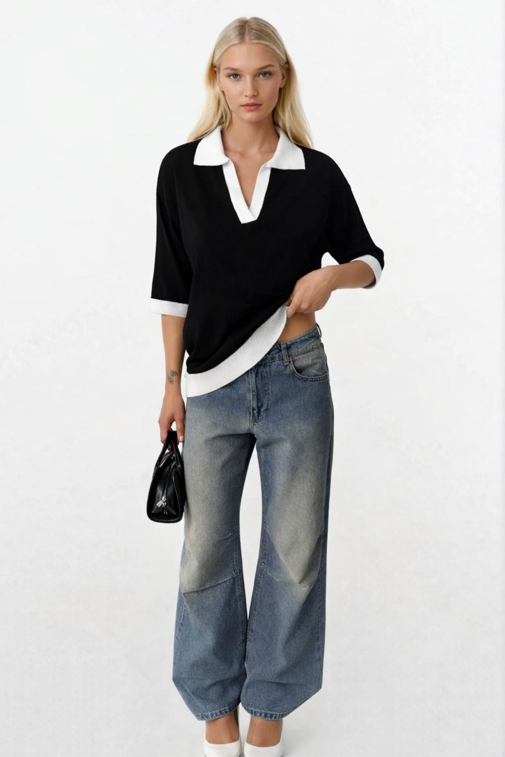 V-Neck Stripe Detail Black White T-Shirt