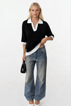 V-Neck Stripe Detail Black White T-Shirt