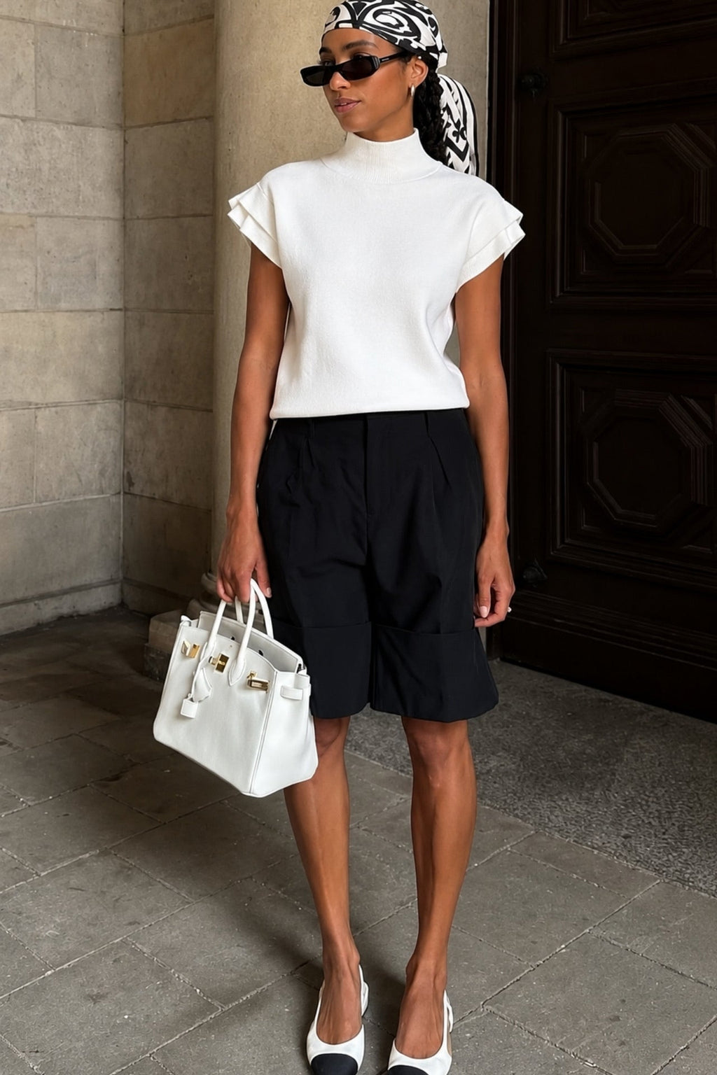 Turtleneck Sleeve Detail Textured Ecru Blouse