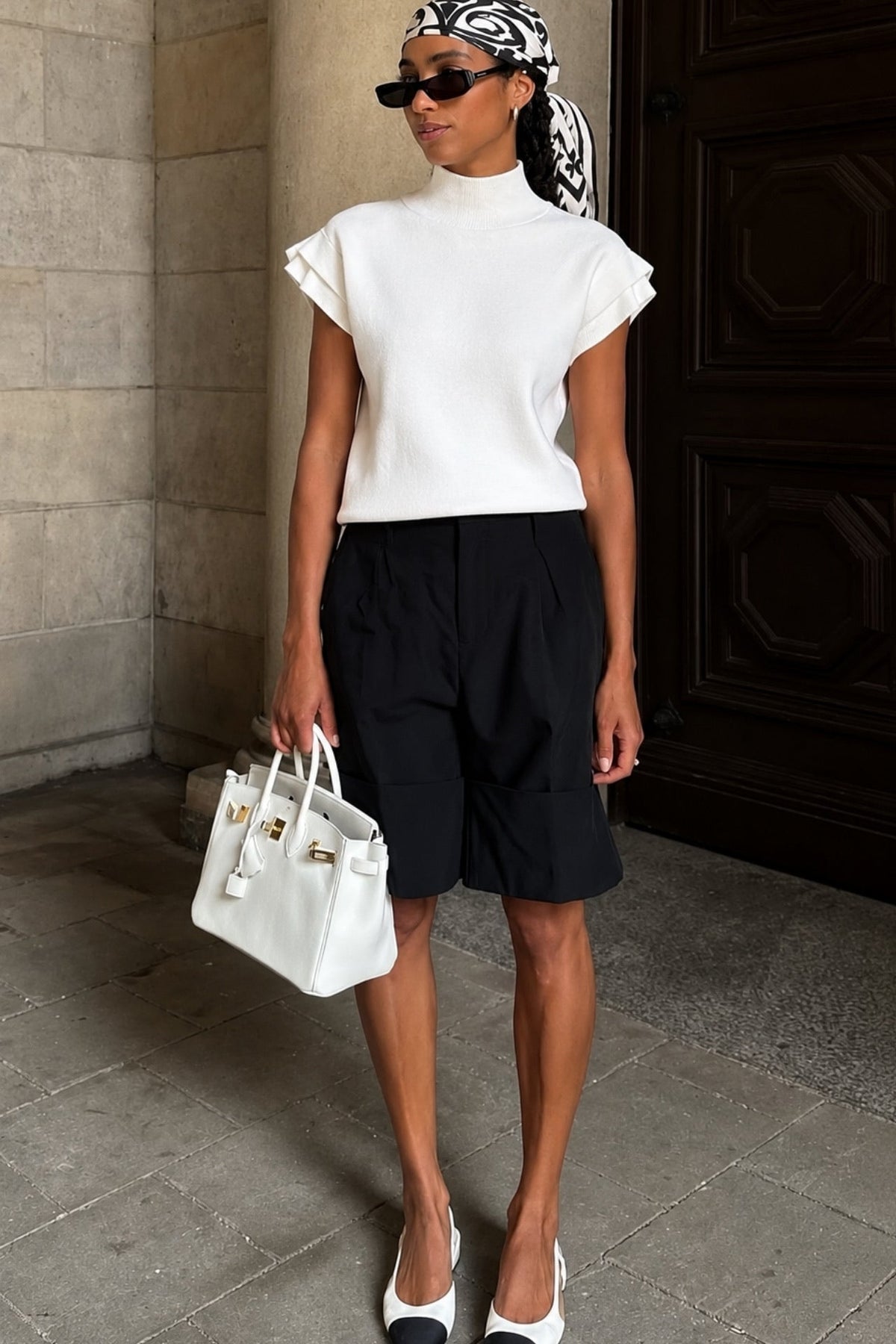 Turtleneck Sleeve Detail Textured Ecru Blouse