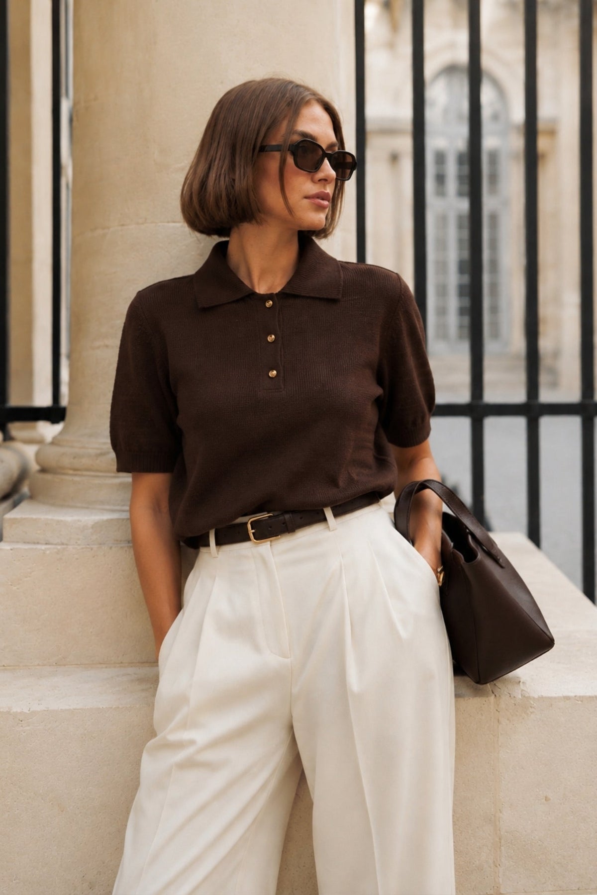 Polo Collar Gold Buttoned Brown Blouse