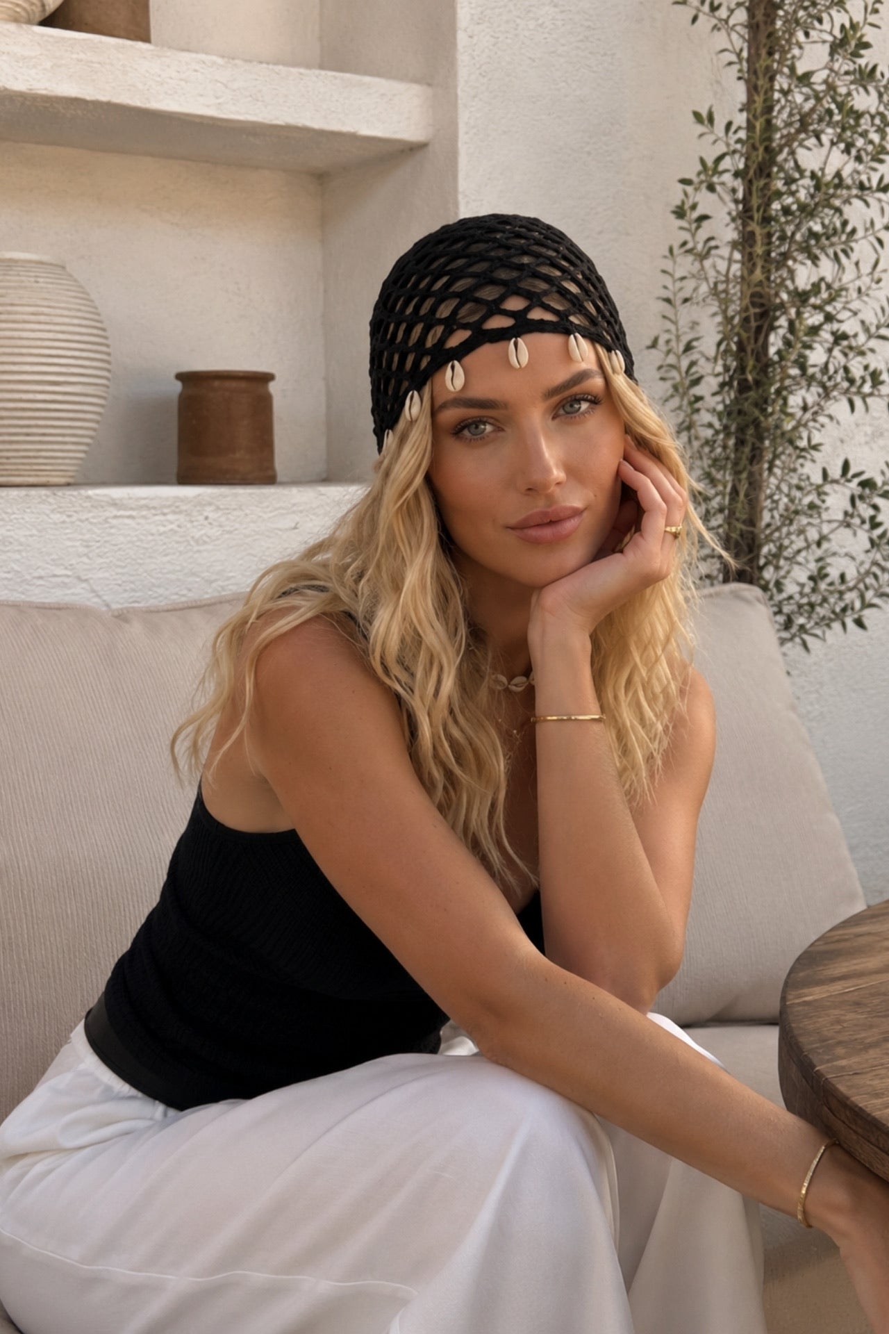 Knit Pattern Accessory Detail Black Knit Cap