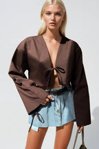 Tie Detail Long Kol Brown Blouse