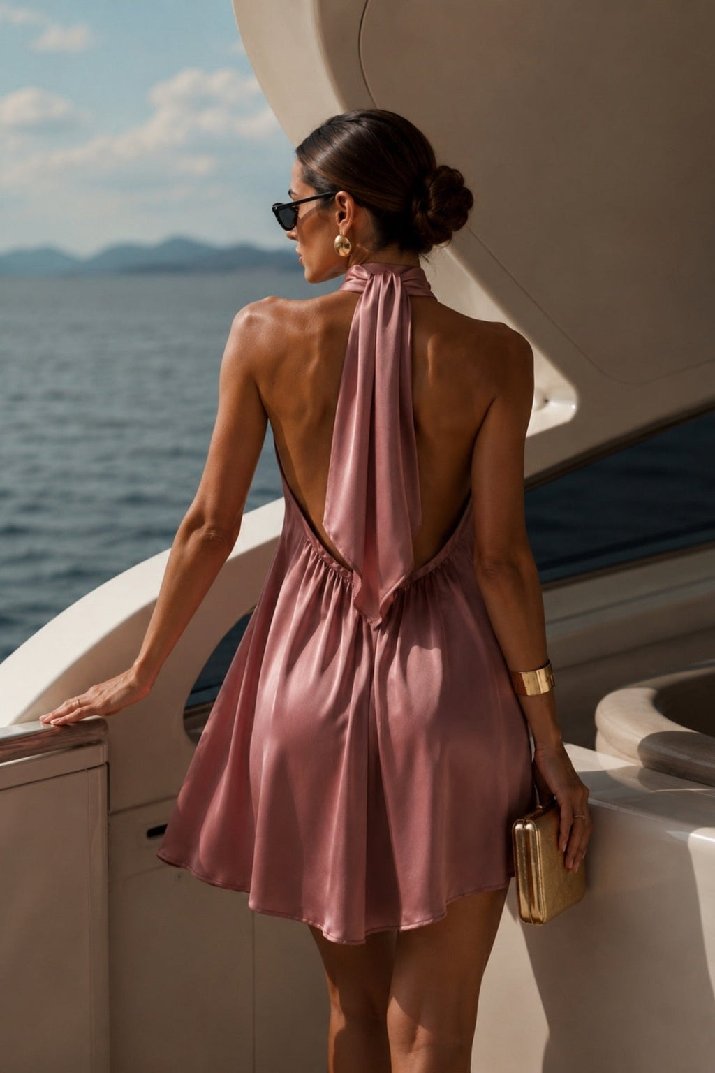 Pink Mini Dress with Turtle Neck and Back Slit
