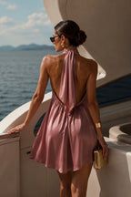 Pink Mini Dress with Turtle Neck and Back Slit