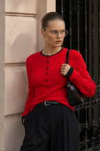 Button Detail Double-Collar Textured Red Blouse