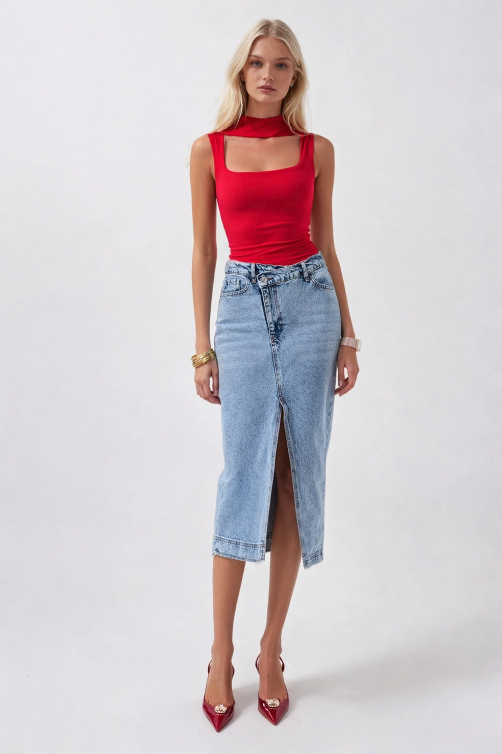 Slit Detail Denim Midi Light Blue Skirt