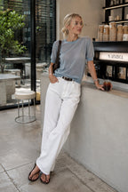 Crew Neck Transparent Textured Blue Blouse