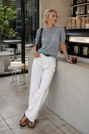 Blue Blouse with Transparent Texture and Crew Neck
