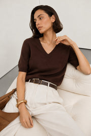 V-Neck Short Sleeve Textured Brown Blouse
