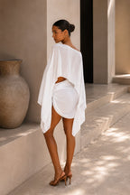 Batwing Boat Neck Crop Blouse Tie-Waist Skirt Two-Piece White Sheer Set